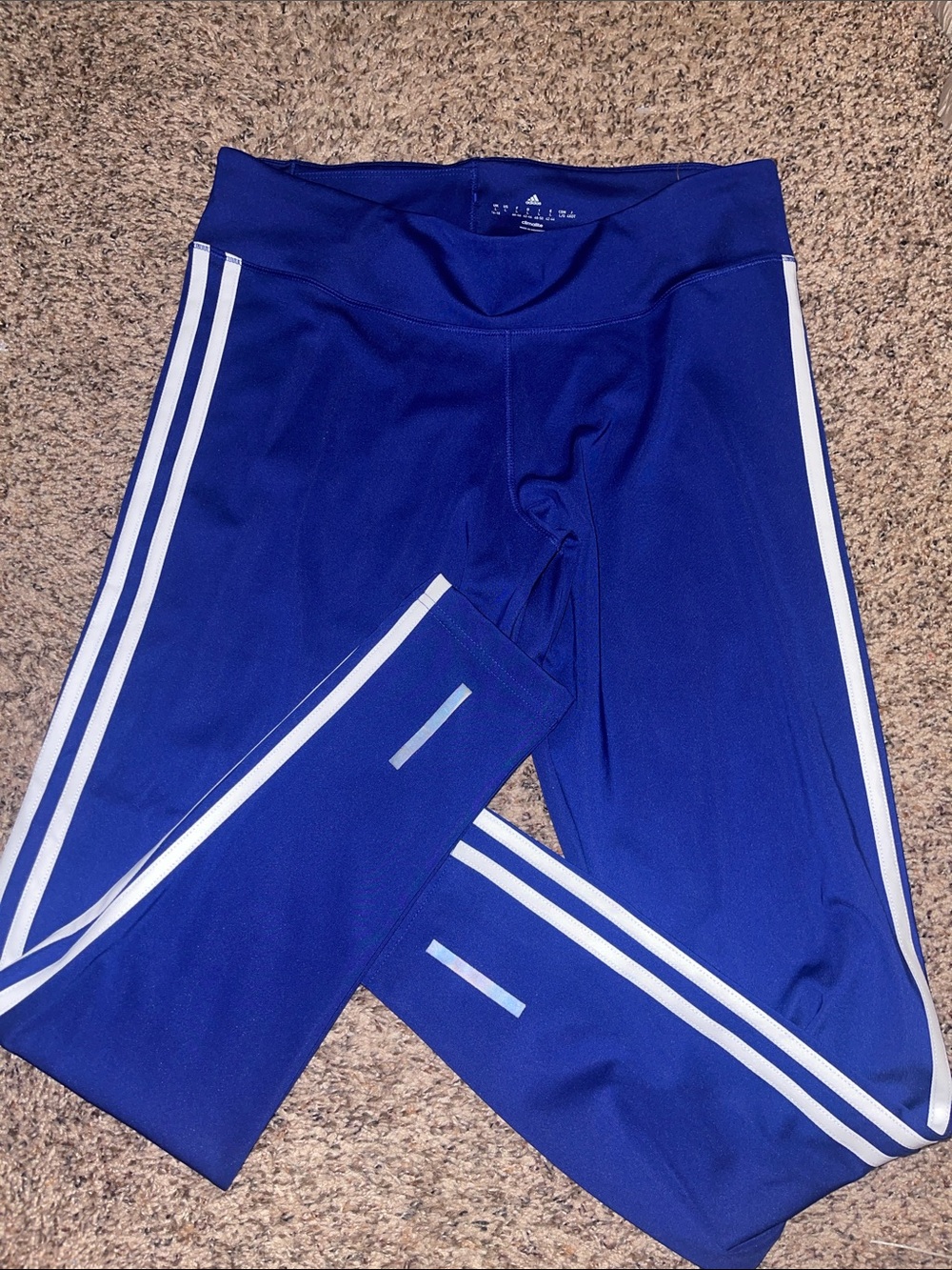 Adidas Navy Blue Athletic Leggings with White Side Stripes